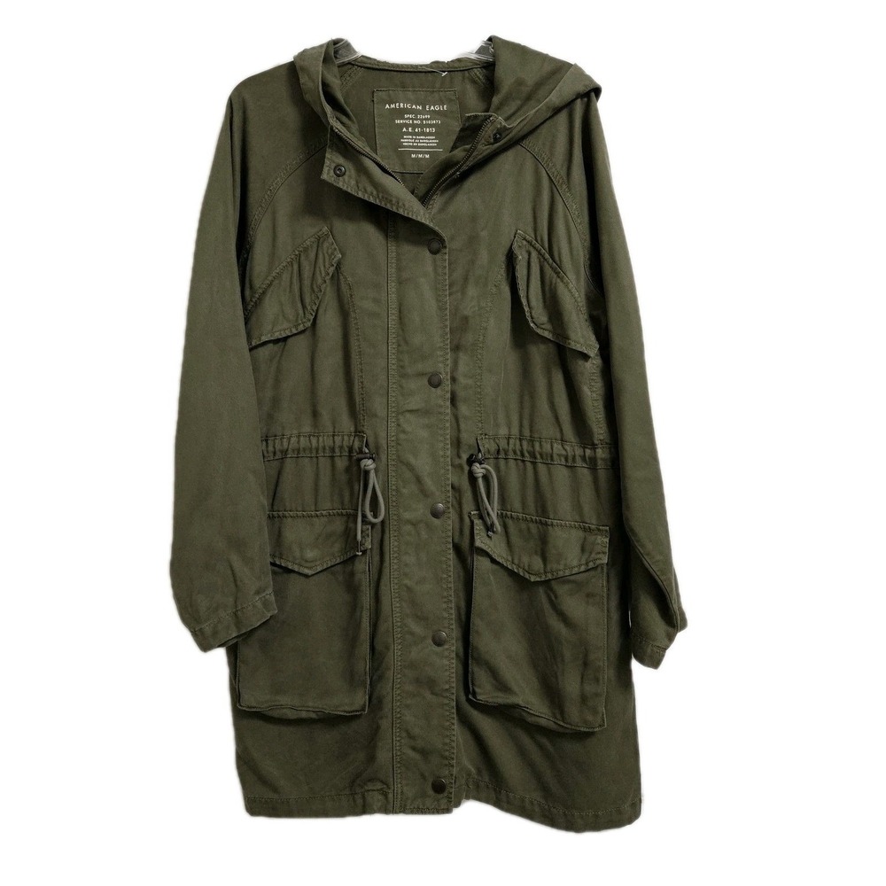 American Eagle Jacket Womens‎ Med Green Utility Parka Hooded Lyocell Cinch Waist